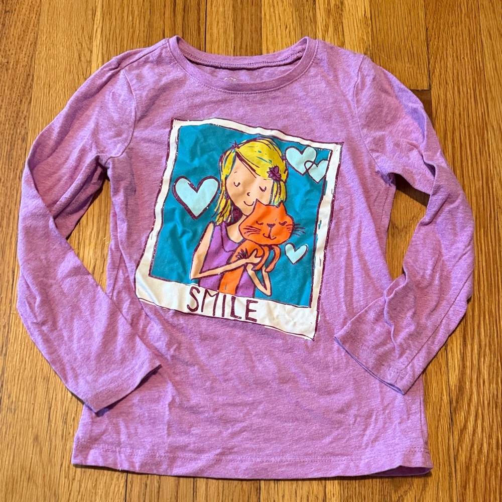 3/$12 Children’s Place Purple Long Sleeve Tee with Girl and Cat Design (S)